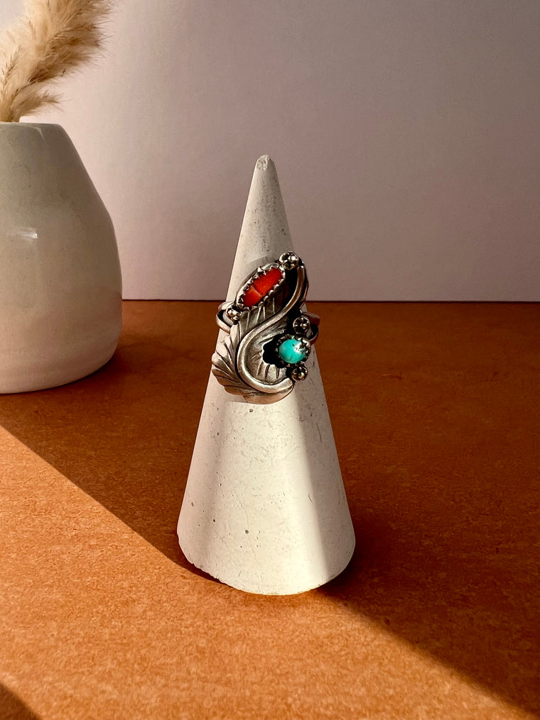 Vintage Coral & Turquoise Ring | Size 5.5