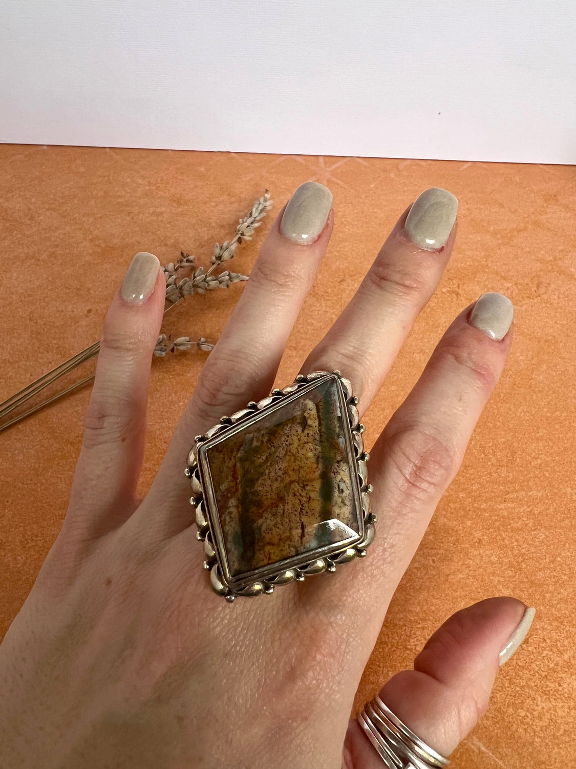 Statement Moss Agate Ring | Size 8
